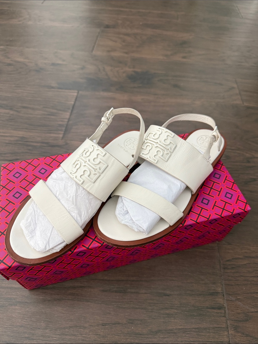 Tory Burch Cream Leather Logo Strap Slingback Sandals